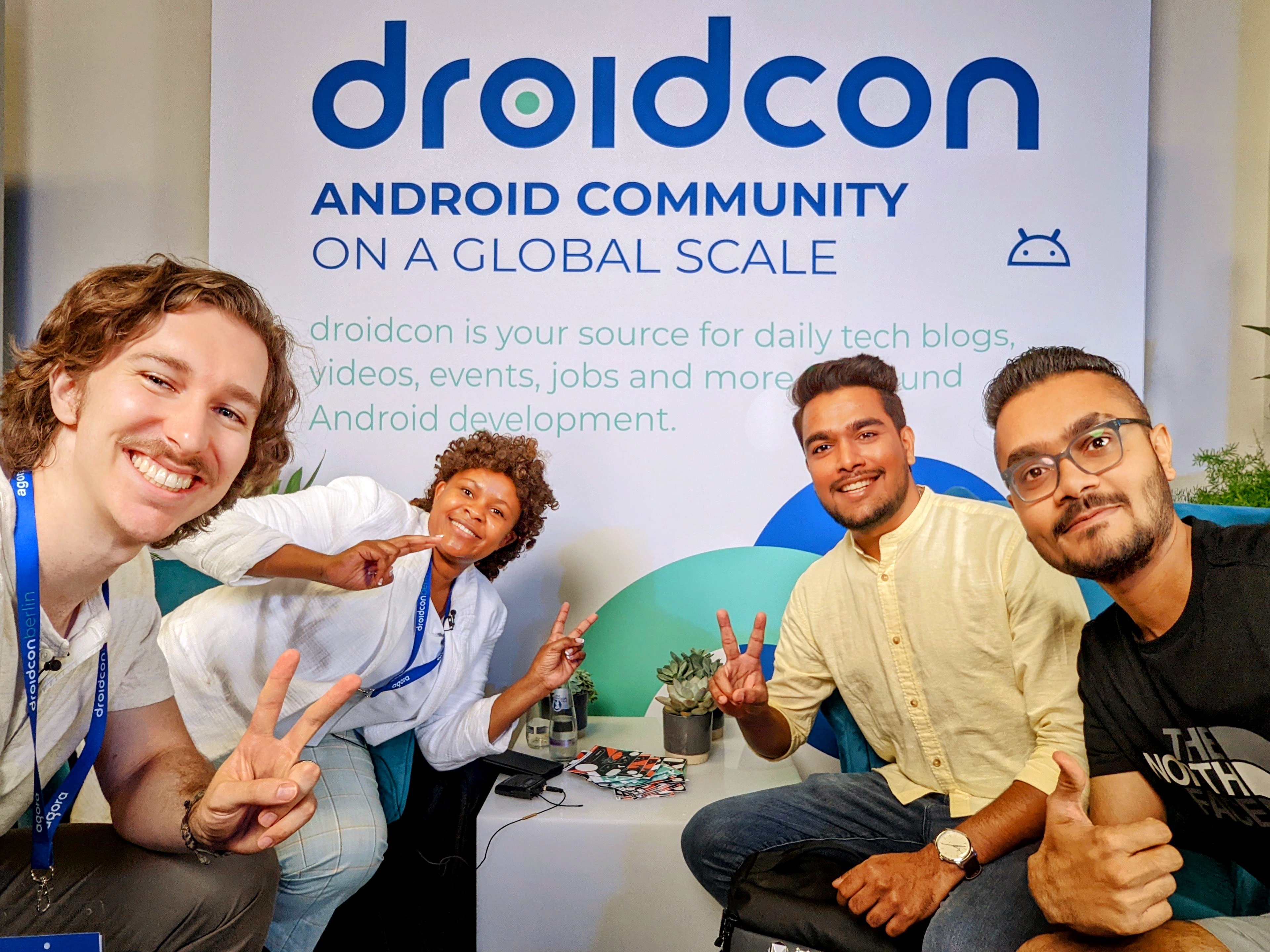 An Android community interview at Droidcon 2022 featuring Matt McKenna, Madona Syombua, Sid Patil and Sagar Viradiya